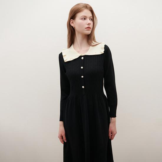 Ruffled Collar Knit Long Dress O261T966