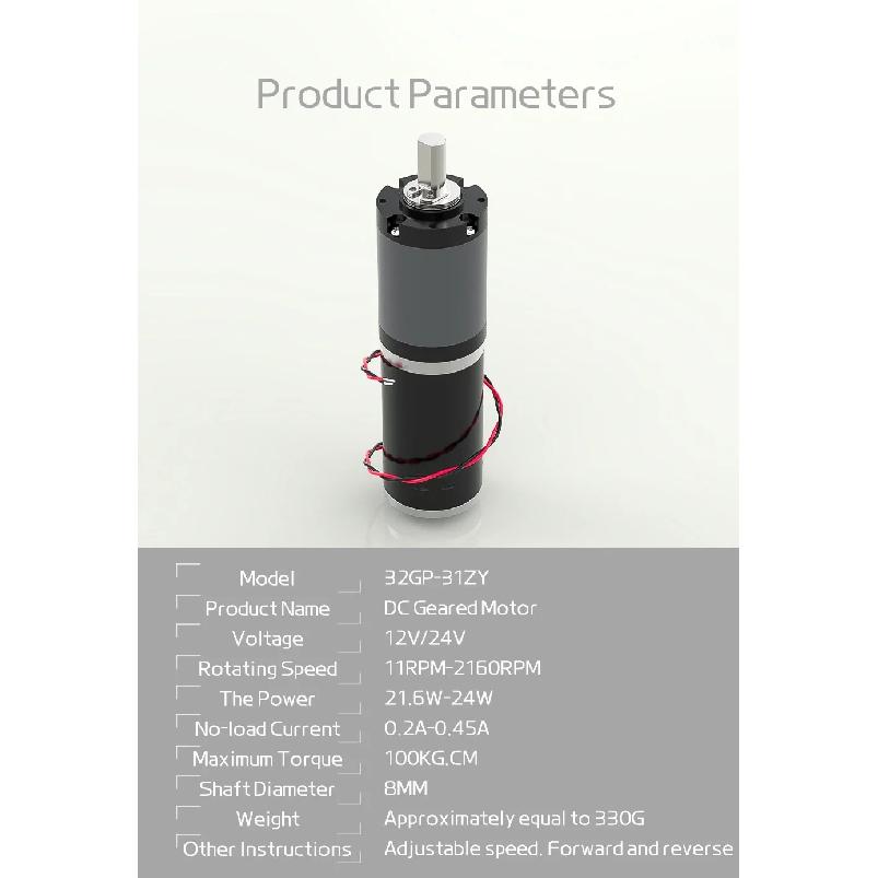 32GP-31ZY Planetary Reducer Motor 12V 24V 11RPM-2160RPM 0.5-100Kg.cm Bracket+Controller+Power Supply Reverse Adjustable