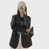 Women's Black Spliced Leather Jacket - Korean Style, Loose Fit, College Style, Short Suit for Spring & Autumn 2024