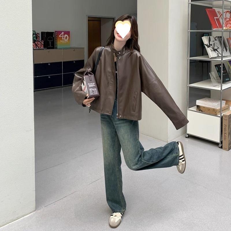 Autumn Winter Casual Fashion Simple All-match PU Leather Jacket Women Vintage Street Style Zipper Coat Top