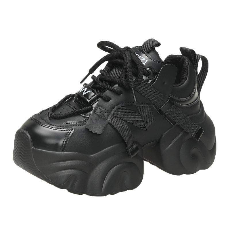 Fashion 7.5CM Women High Platform Sneakers Autumn Winter Lace-up Chunky Shoes Heels Thick Sole Casual Shoes Woman Sport Leather Sneakers