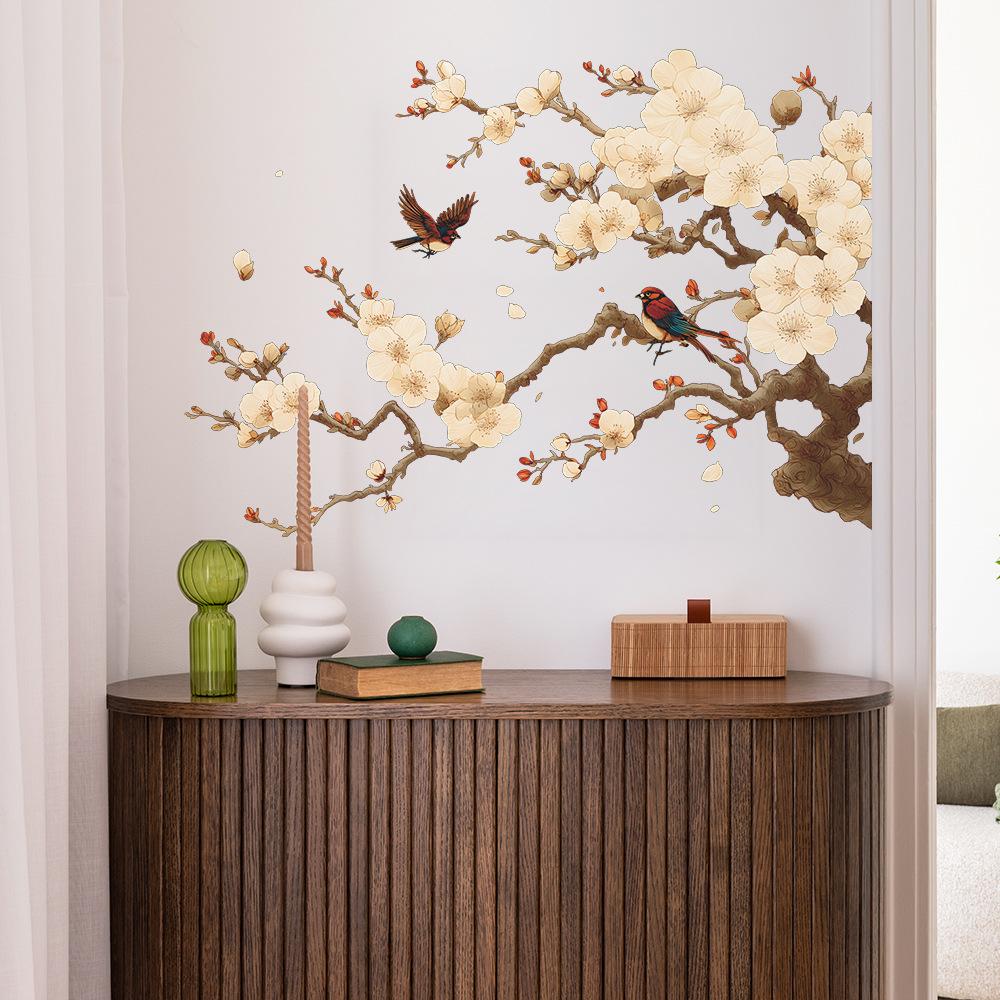 Painted Flower, Branch and Magpie Home Background Wall Decoration Stickers