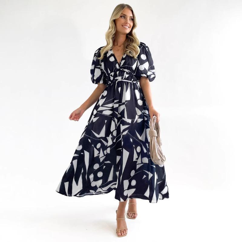 Damen Sommer Neue Modelle V-Ausschnitt Puffärmel Taille Schlank Großes Schwingkleid Bedruckte Kleider