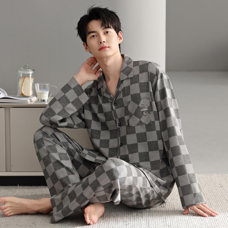 Pure Cotton Pajamas Men'S Loungewear Spring Suit Cardigan Long-Sleeved Plaid Can Be Worn Outside Spring And Autumn Styles