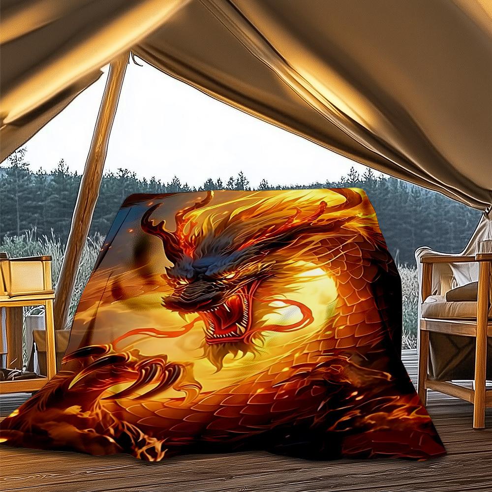 1pc Fire Dragon Art Print Throw Blanket Polyester Fiber, Lightweight Flannel, Soft & Warm, All Season Use for Outdoor, Camping Digital Print