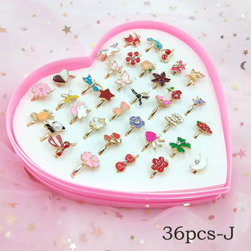 12/36 Pcs Adjustable Alloy Baby Girl Rings with Heart Shaped Box Cartoon Mix Finger Jewellery Rings Kid Girls Toys Random Color