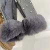 Diamond-encrusted PU Leather Finger Gloves Women's Autumn and Winter Warm Touch Screen Plush Cuffs Cycling Five-finger Gloves Tide