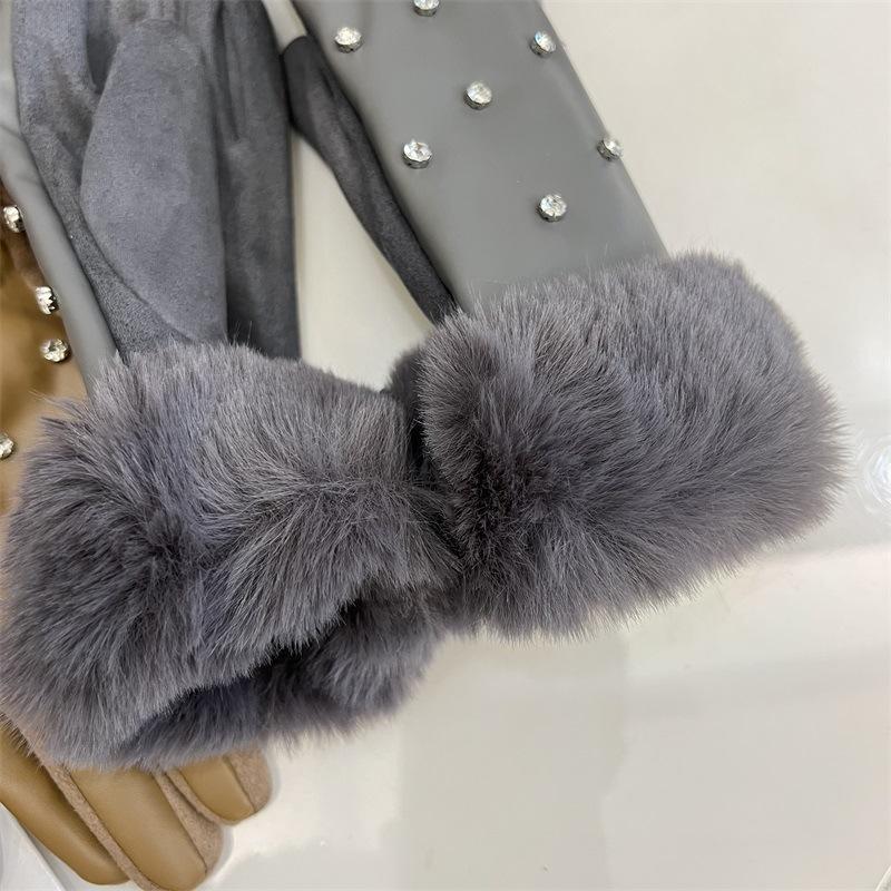 Diamond-encrusted PU leather finger gloves women's autumn and winter warm touch screen plush cuffs cycling five-finger gloves tide