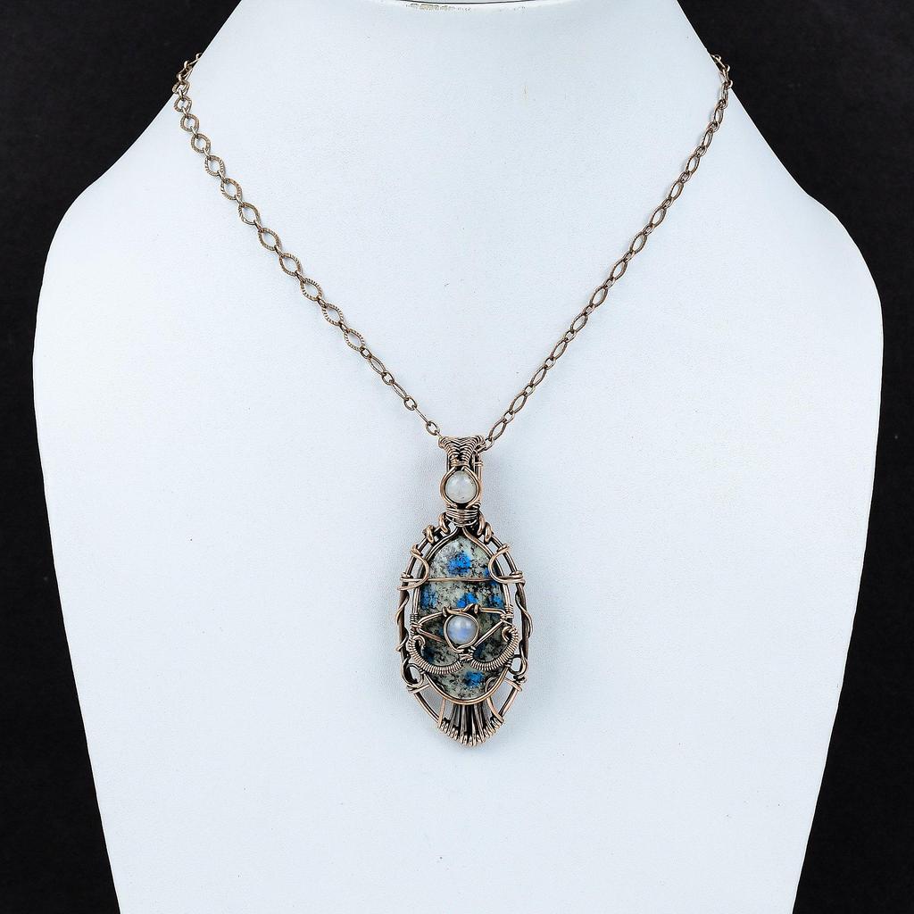 Pingente de jaspe K2 mau olhado, fio de cobre enrolado, pingente de pedra preciosa, joia de cobre, pingente de pedra da lua arco-íris, pingente feito à mão para presente