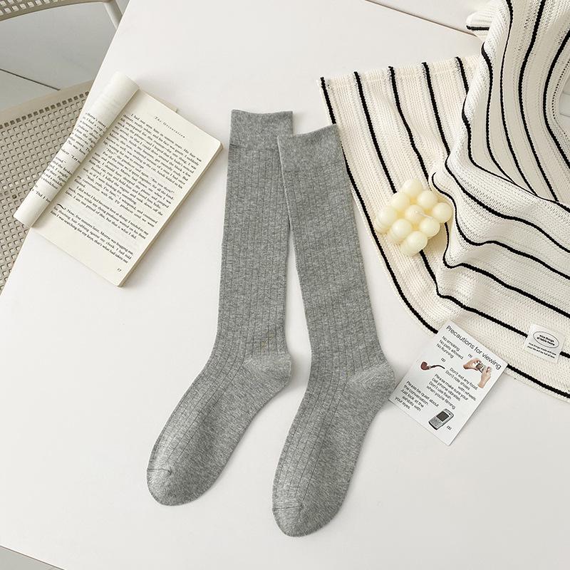 

Осенне-зимние носки до середины икры из гребенного хлопка: Трендовый стиль JK Academy, однотонные вертикальные полоски, японские универсальные женские гольфы With Label, Hangable светло-серый