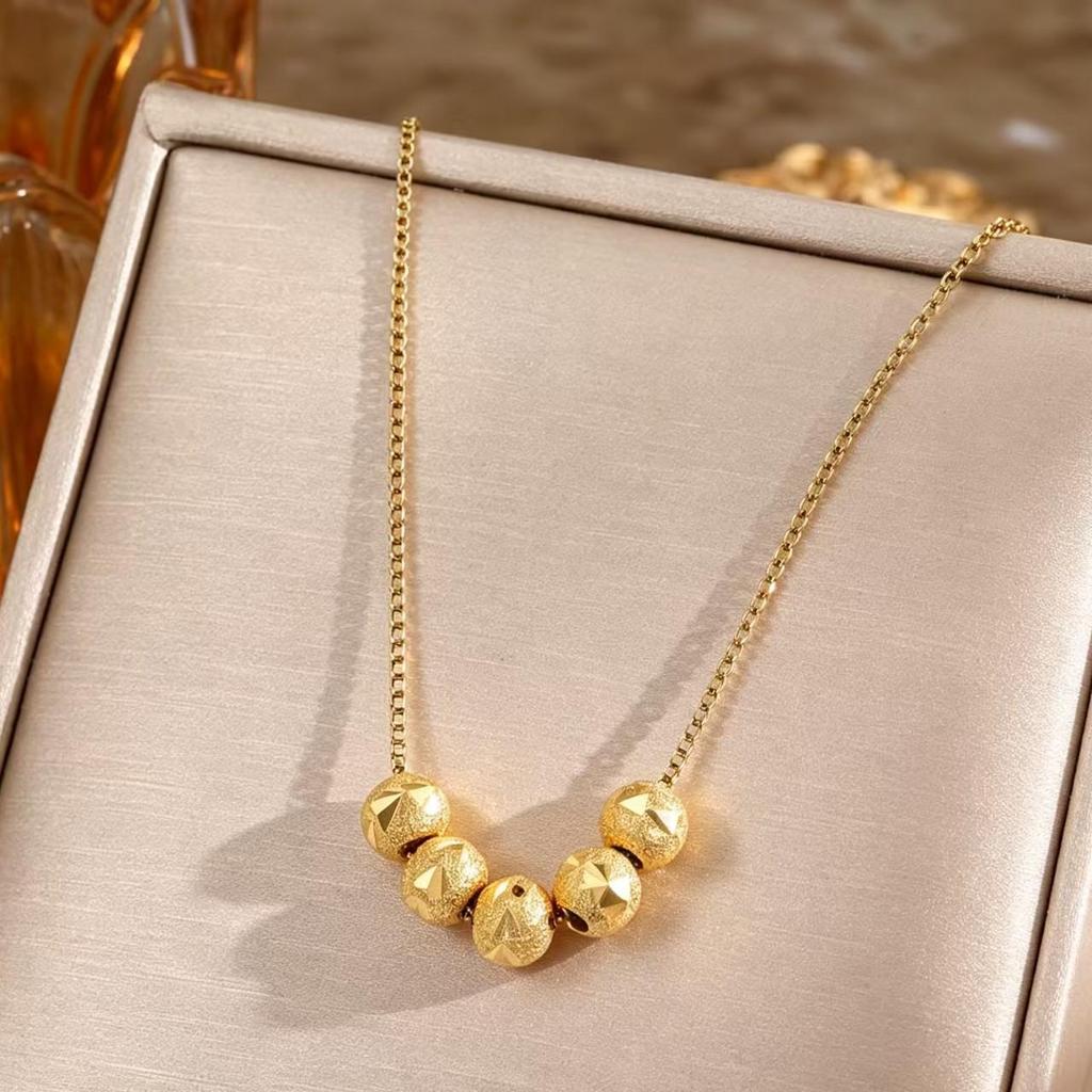 Women's Korean Style Lucky Bead Titanium Steel Necklace - Elegant Gold Bean Beads with Carved Surface Clavicle Chain Jewelry.
