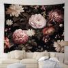 Black Floral Tapestry Retro Flower Bloosom Rustic Rose Watercolor Peony Vintage Boho Gothic Spring Plant Leaves Home Decor Wall