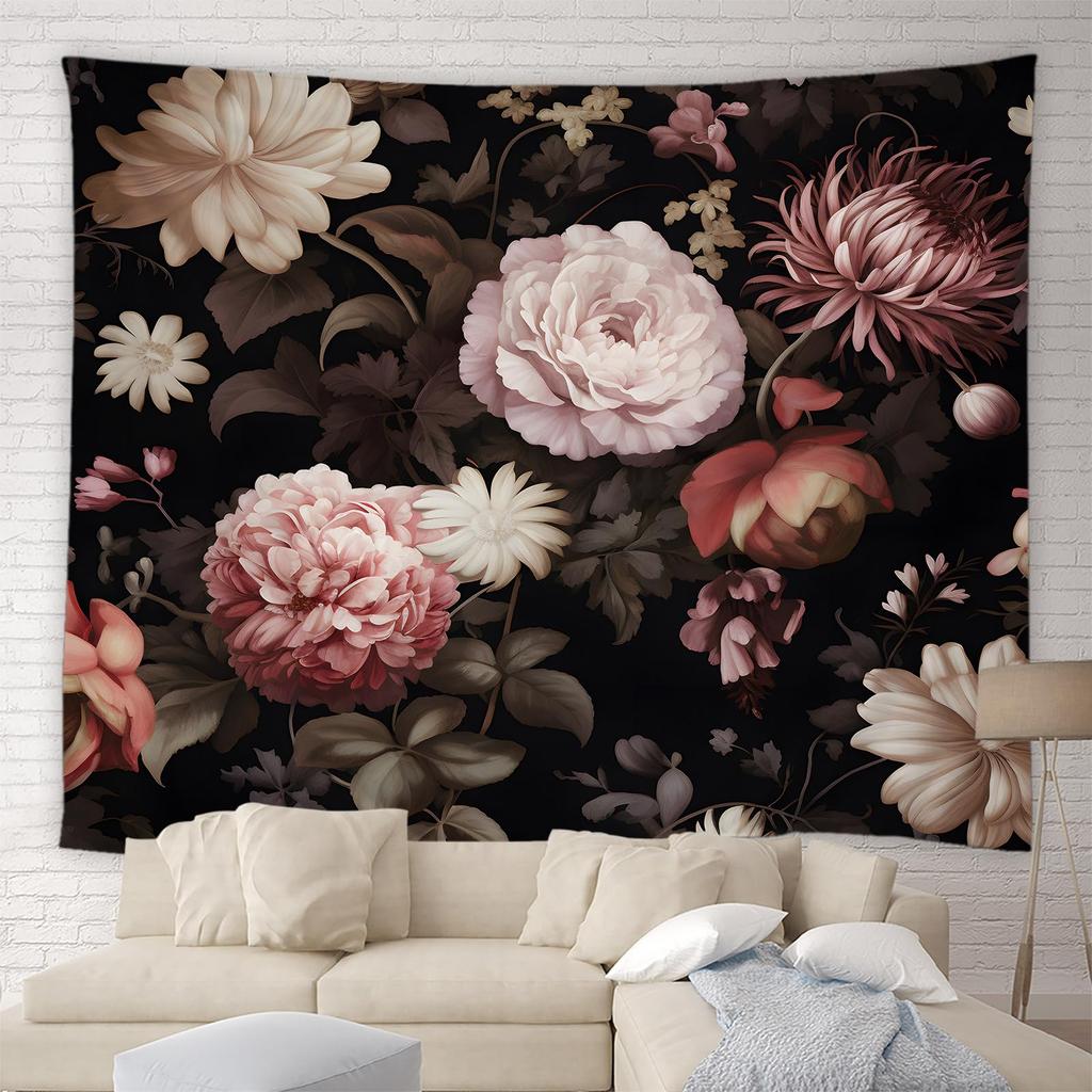 Black Floral Tapestry Retro Flower Bloosom Rustic Rose Watercolor Peony Vintage Boho Gothic Spring Plant Leaves Home Decor Wall