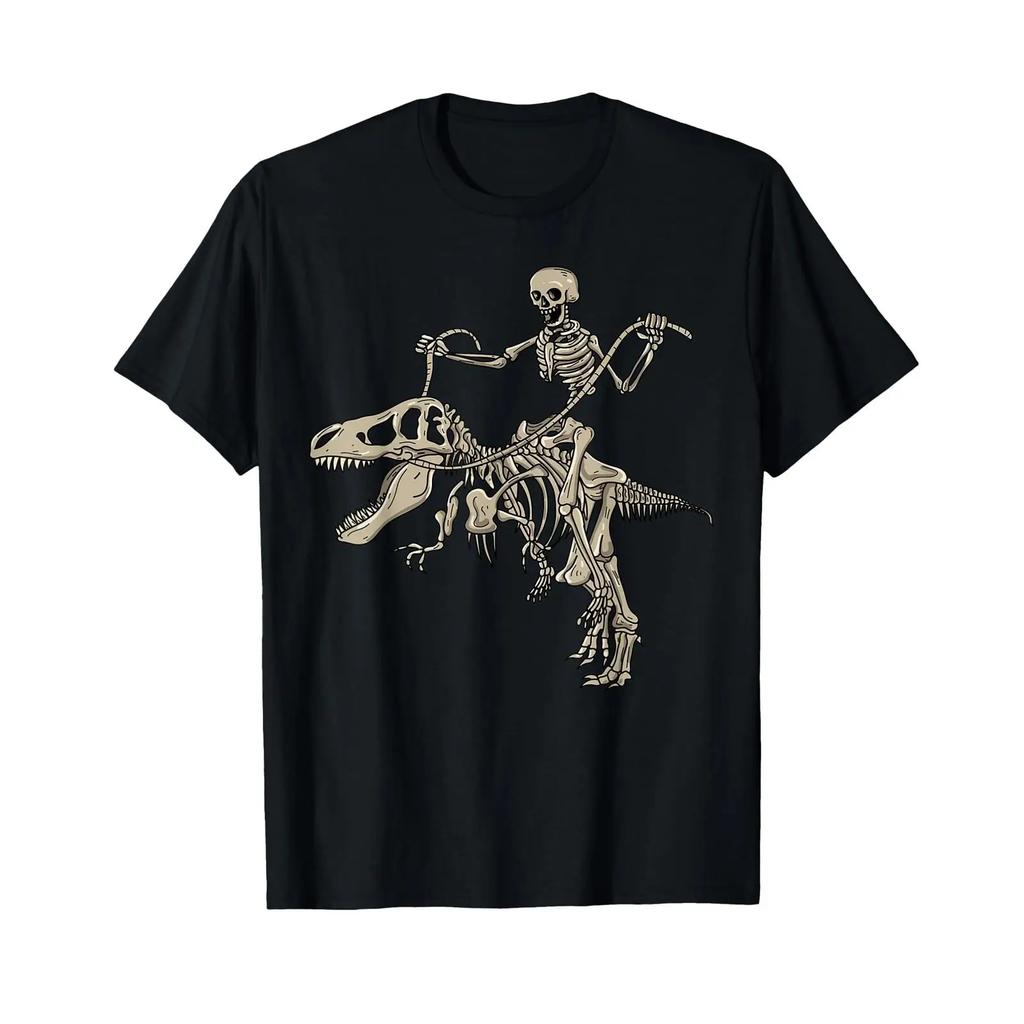 Skeleton Riding T Rex Shirt Cute Dino Lovers Funny Vintage Stylish Casual Homme Designer Clothes Unisex Breathable