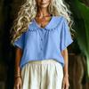Women's Casual Short Sleeve Shirt Loose Fit Button Down Blouse with Ruffle Trim Collar Lightweight Summer Top