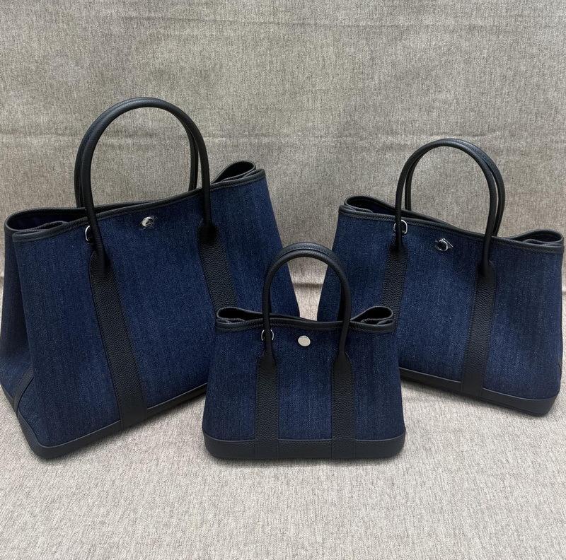 Saco de jardim lona de ganga azul bolsa de mão em couro de vaca bolsa tote para o trabalho bolsa grande entrega transfronteiriça