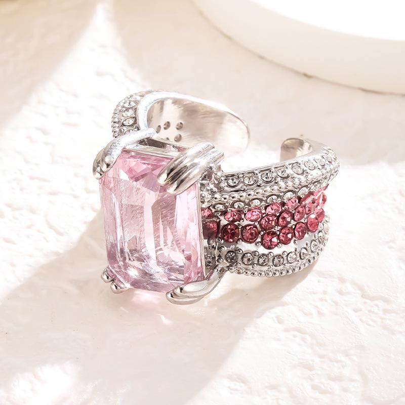 Cold Style Ins Inlaid Pink Ring for Women with Open Index Finger Pink Gemstone Ring