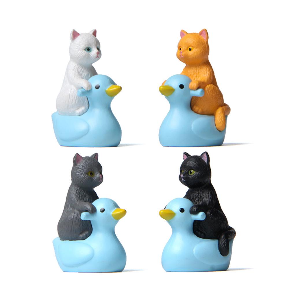 Playful Series: Hand-Painted Cats & Kittens on Ducks - Micro-Landscape Figurines