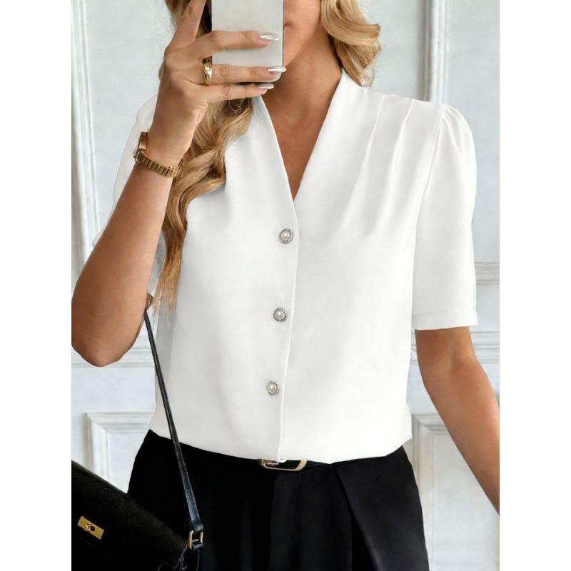 Women's New Summer V-neck Fashion Button Casual Business Short-sleeved Shirt
