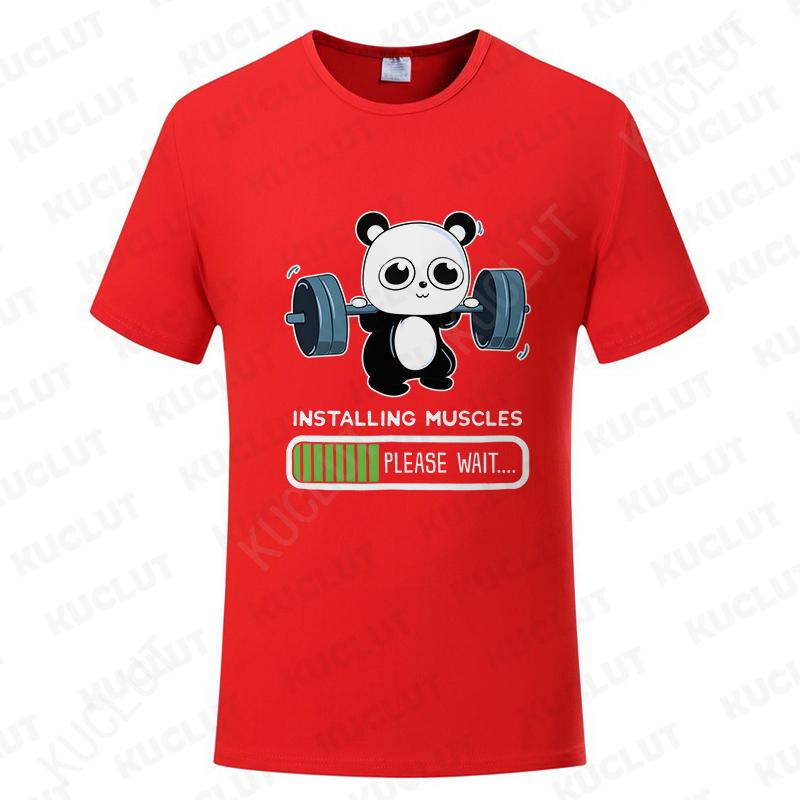 Funny Panda Gym Print T-Shirt Unisex Tees for Men Women O-neck Casual Short Sleeved Weightlifting Installing Muscles Basic Tops