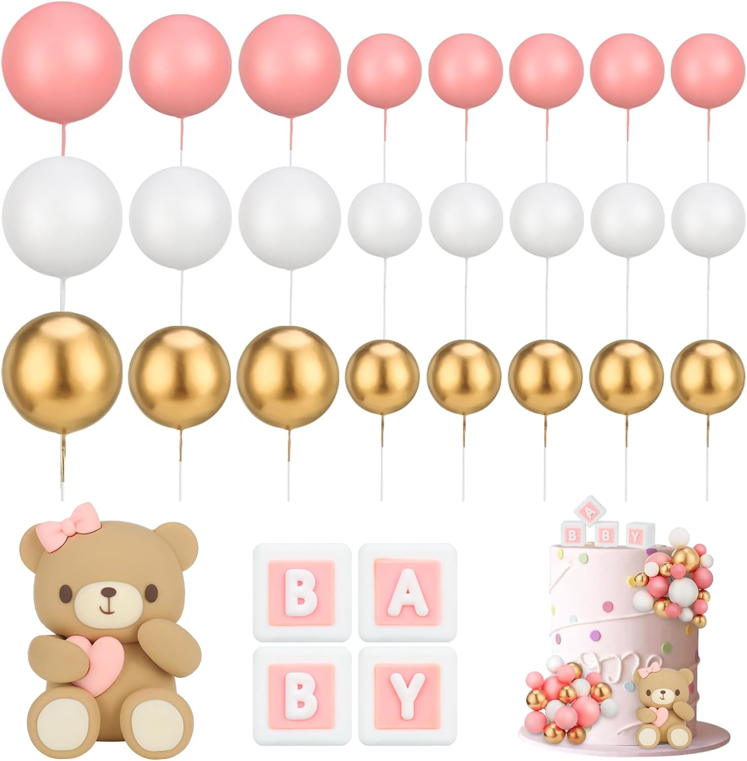 

29 Pcs Bear Cake Topper Baby Shower Cake Decorations Cute Bear BABY Letter White Foam Balloon for Baby Shower Cake Topper Kids