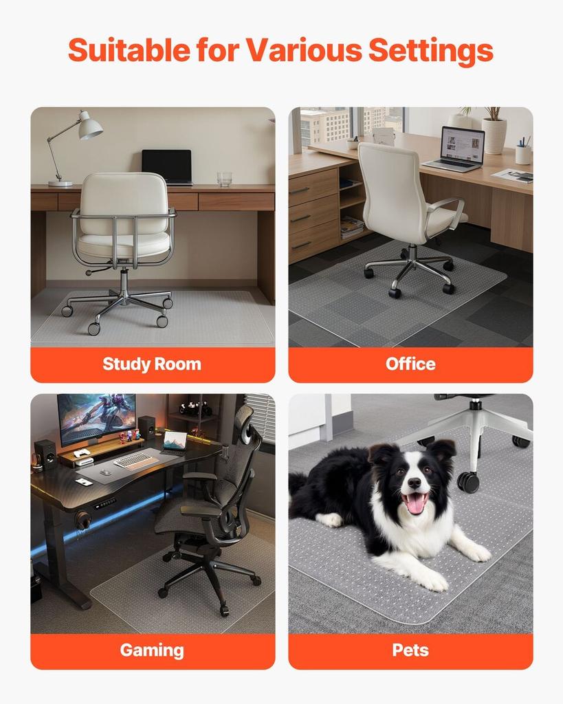 Chair Mat, 915 x 1225 mm Office Chair Mat for Carpeted Floors, Plastic Floor Protector Rug with Studded, Non-Slip & Easy to Clean, Smooth Glide Under
