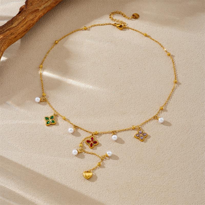 18K Gold Plated Four Leaf Clover Pearl Y-Drop Necklace, Dainty Colorful Zircon Station Choker for Women, Trendy Jewelry золотой