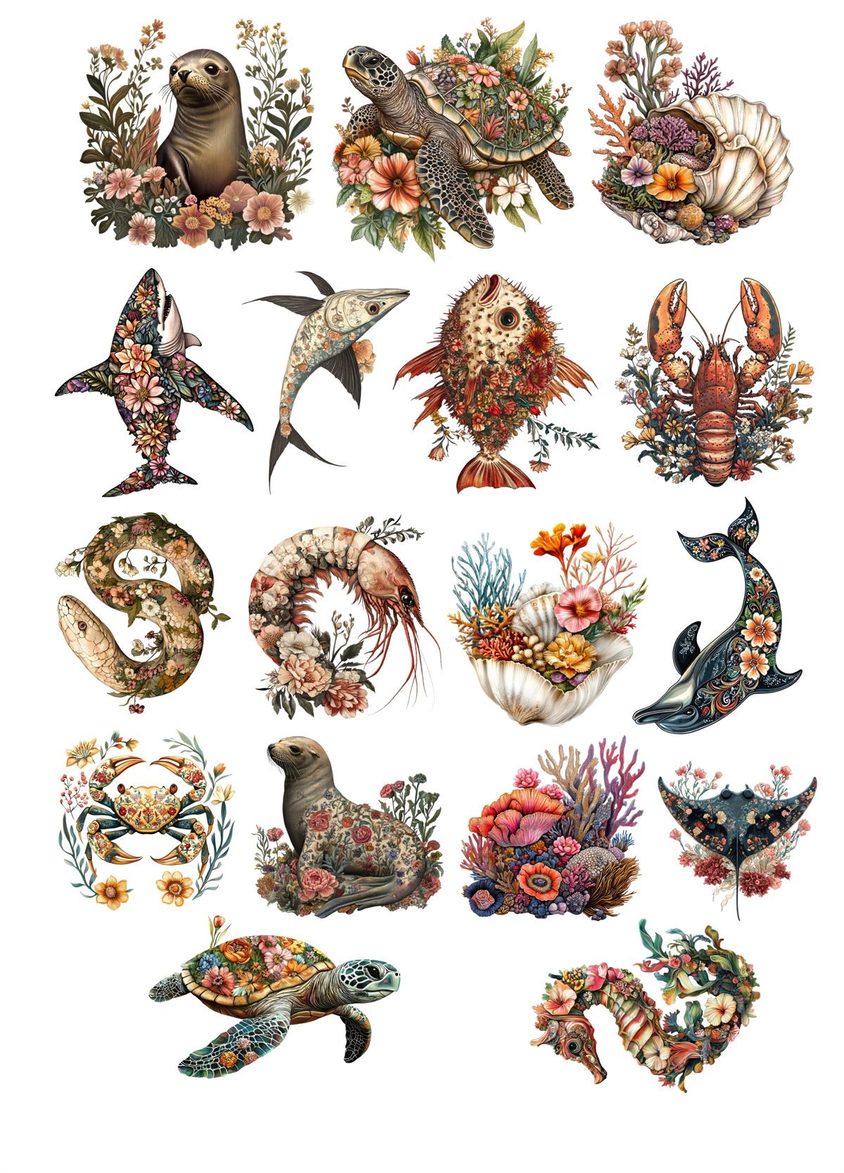 

17pcs Watercolor Ocean Flower Fish Sticker DIY Scrapbooking Album Junk Daily Planner Stationary for clippings, diaries, laptops білий