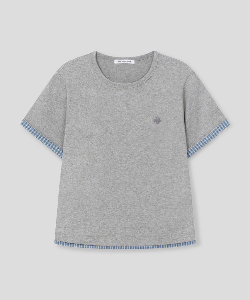 SLOW RECORD HOUSE Layered Check Roll-Up T-Shirt_Gray