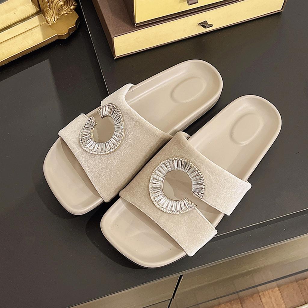 New Gold Velvet Rhinestone Open-toe Sandals, Wearing High-end Hole Slippers, Flat-soled Women's Shoes Trendy