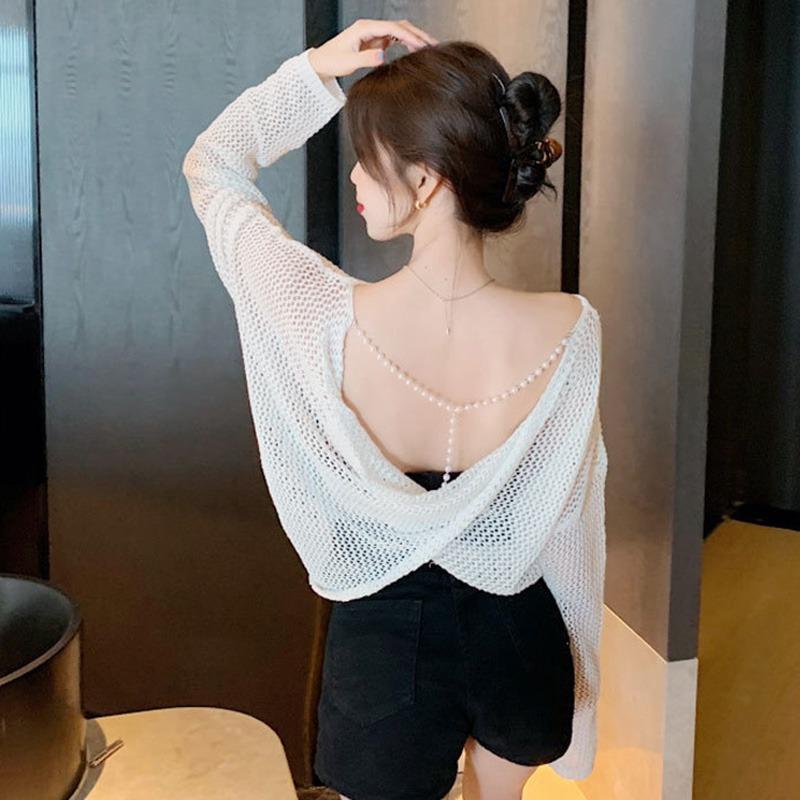 

Вязаный пуловер с вырезами, солнцезащитные топы, трикотаж из ледяного шелка, свитера, женские футболки, женская одежда One Size