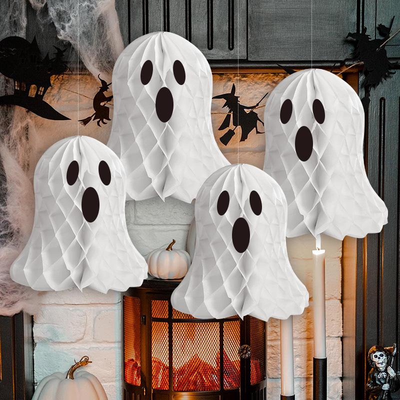 1SET Halloween Hanging Ornaments Ghost Honeycomb Paper Lanterns for Halloween Party Home Indoor Outdoor Yard Decorations Props