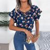 Frauen Frühling Sommer Lose Rüschen Spitze Up Chiffon Top Für Damen O Neck Fliegende Ärmel Floral Blusen