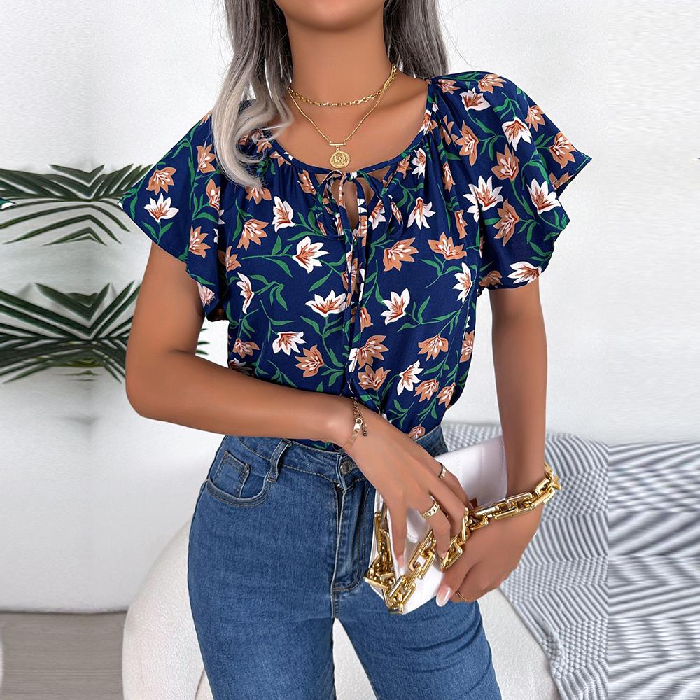 Frauen Frühling Sommer Lose Rüschen Spitze Up Chiffon Top Für Damen O Neck Fliegende Ärmel Floral Blusen