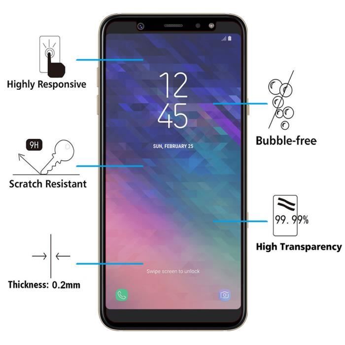 Film de protection - VCOMP - Pack de 2 - Verre trempé - Résistant aux rayures - Pour Galaxy A6+/A6 Plus