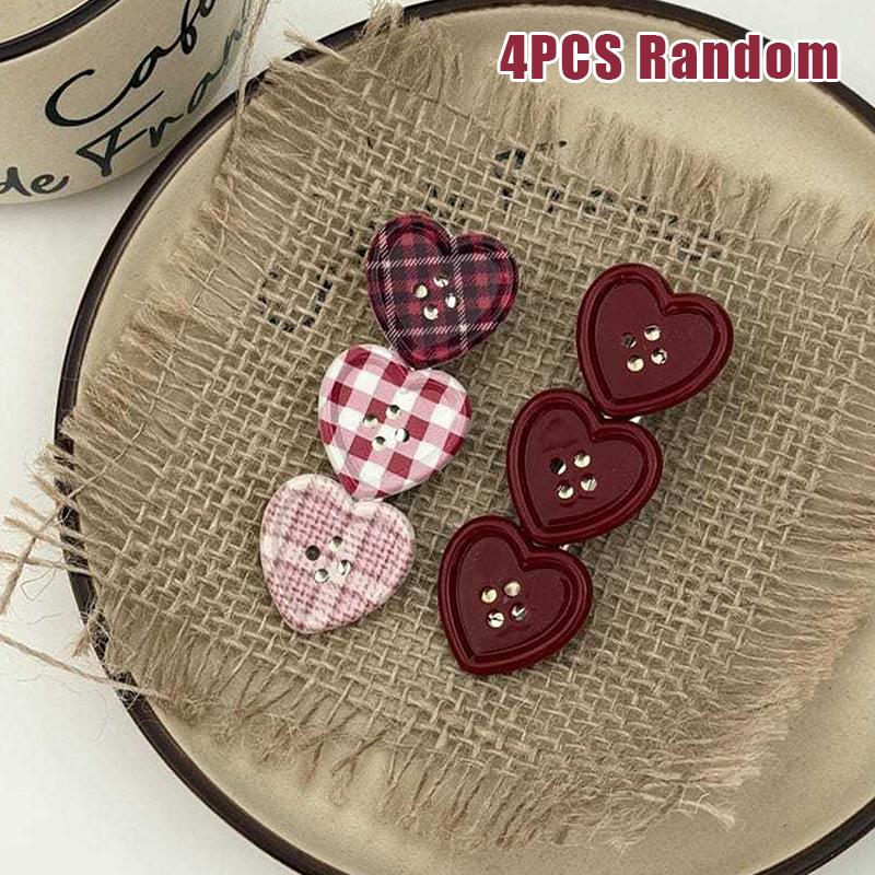 4Pcs Sweet Check Love Button Hair Clip Side Bangs Girly Cute Duckbill Clip For Girls Hair Accessories A1
