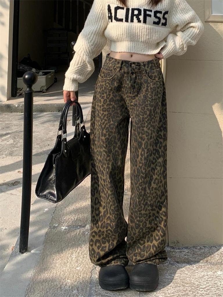 Women's High-Waist Leopard Print Wide-Leg Jeans - Slimming, Loose-Fit, Spring/Autumn Trend
