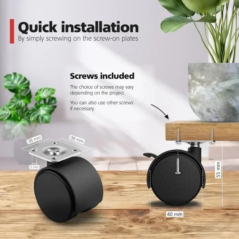 4pcs 40mm Heavy-Duty Furniture Castors with Braking Capable of 25kg Load Indoor Rotating Wheels Low Rolling Resistance