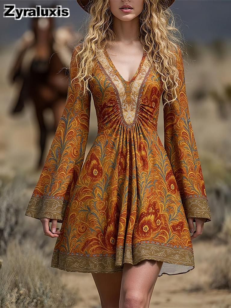 Women's Vintage Floral Long Sleeve Dress Bohemian Style