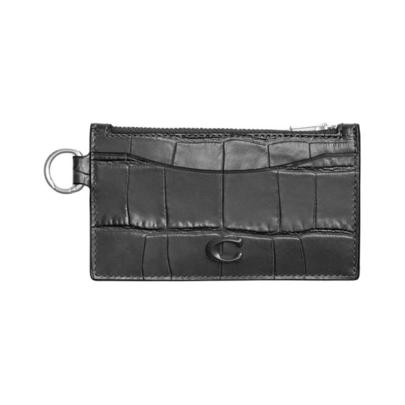 COACH 12 Brand logo zipper closure Crocodile embossed leather Card holder Unisex couple size Charcoal color charcoal коричневый