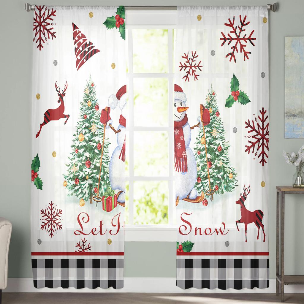 Jul Snögubbe Snöflinga Älg Skira Gardiner För Barn Sovrum Vardagsrum Voile Gardiner Jul Kök Tyllgardin