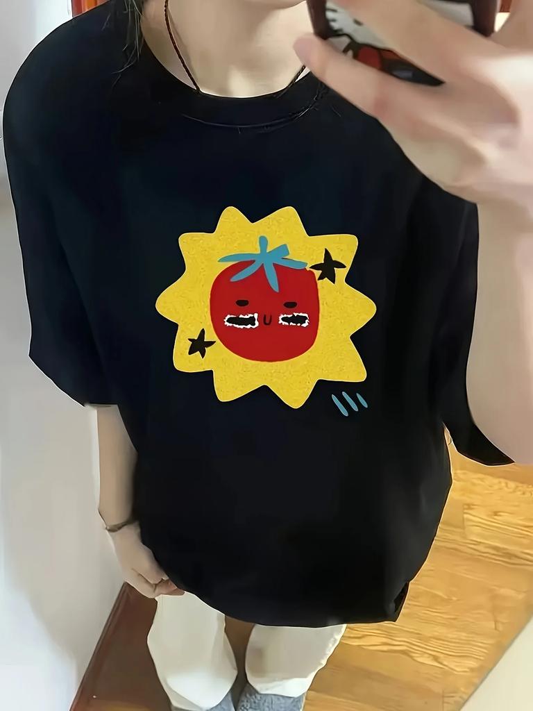 Cartoon Tomato Graphic Print T-Shirt Women Creativity Summer Round Neck Short Sleeve Street Casual Tops Women Clothing Y2K Top