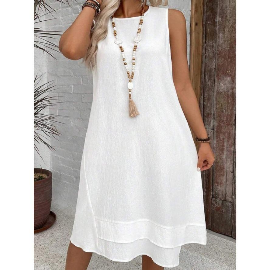 YYFS Women's Fashion Summer Spring Solid Color Print Sleeveless V-Neck Loose Waistline Casual Dresses