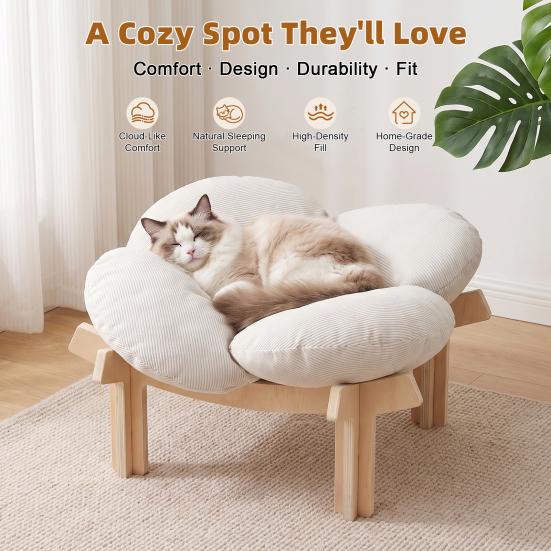 Pet Couch Sofa Elevated Wooden Cat Bed with Fluffy Removable Cushion, Petal Shaped Sofa, Raised Kitty Lounge Chair 40lbs Capacity, for Indoor