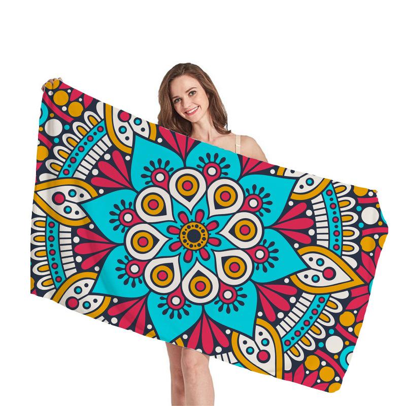 Ethnic Mandala Geometry Digital-printed Polyester Superfine Fiber Double-sided Fleece Beach Vacation Bath Towel, Beach Towel