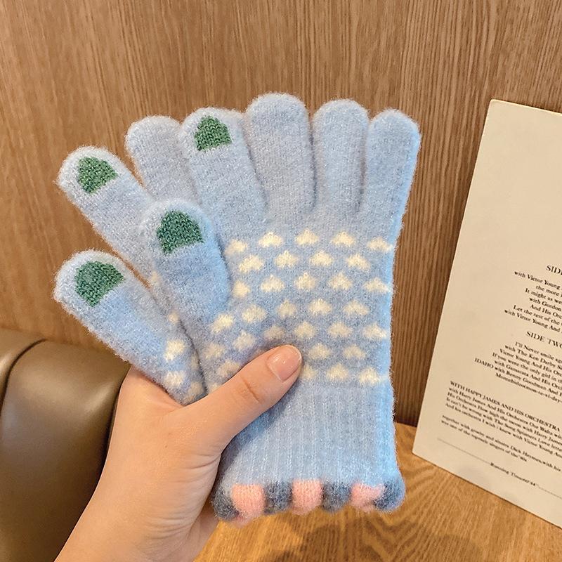 Winter Touchscreen Warme Handschuhe für Damen, Koreanische Version, Kältefestes Radfahren, Niedliche Plüschgestrickte Verdickte Ins Woll Trendy
