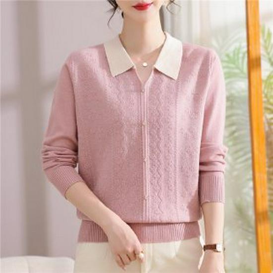 

Stylish Autumn Lapel Knit Sweater for Middle-Aged Women - Long Sleeve Base Layer 3XL рожевий