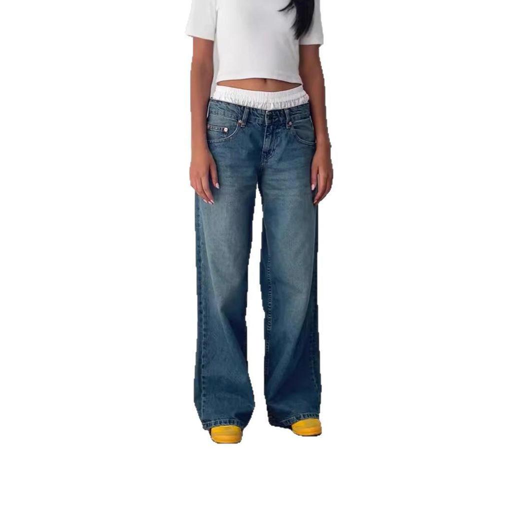 Women's Retro Low Waist Washed Straight Leg Jeans - Wide Leg Autumn Denim Pants