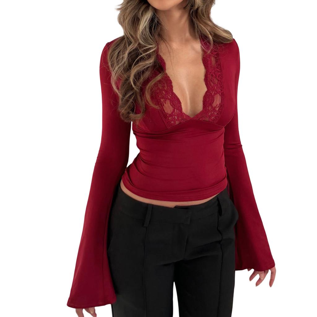 Women's Fall Tops Slim Lace Trim Deep V Neck Bell Sleeve Crop Shirt Casual Streetwear