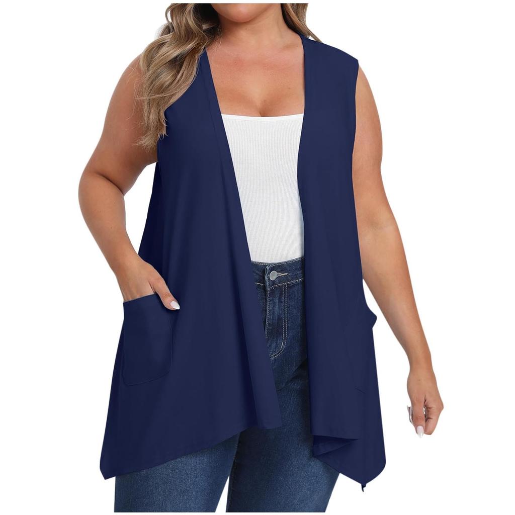 Women's Open Front Cardigans Loose Summer Sleeveless Tank Tops Loose Fit Casual Coverups Shirts With Pockets